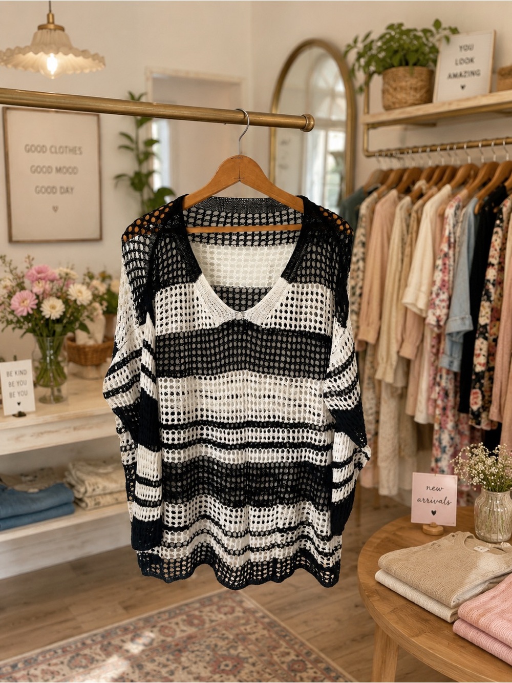 Black and White Stripe Summer Sweater/Beach Cover-Up, Size 2XL.